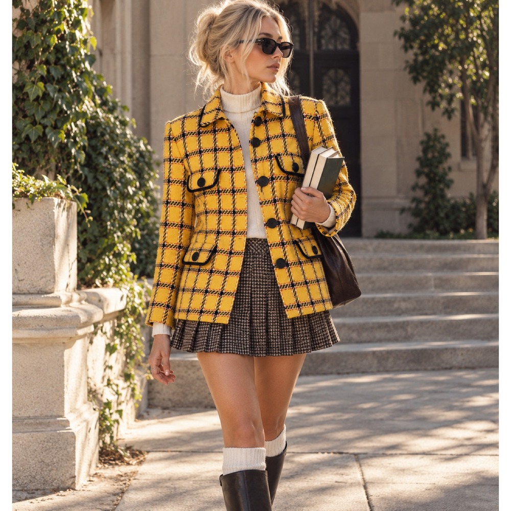 Y2K Yellow Plaid Tweed Jacket Preppy Academia Schoolgirl Blazer Funky Women 6
